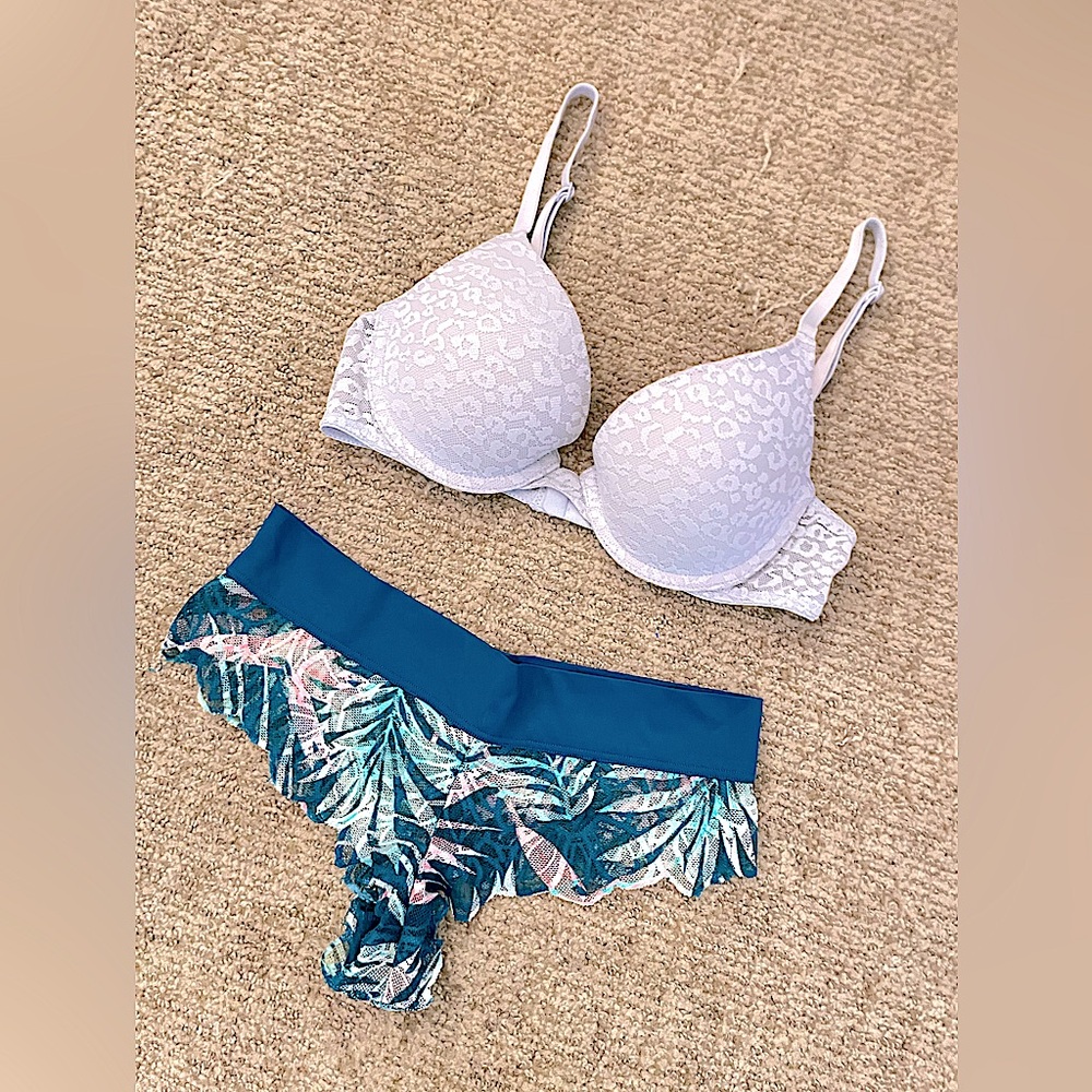 PINK SET Light Blue Mesh Cheetah Print Push Up Bra & Lace Scalloped Tanga Panty